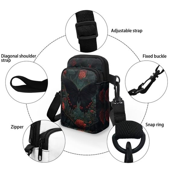 Gothic Butterfly Rose Crossbody Bags Cell Phone Bag Mini Over T_T - Picture 5 of 7